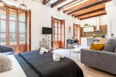 a bedroom with a bed and a living room at Modern Flat by Mercado Central in Ciutat Vella in Valencia