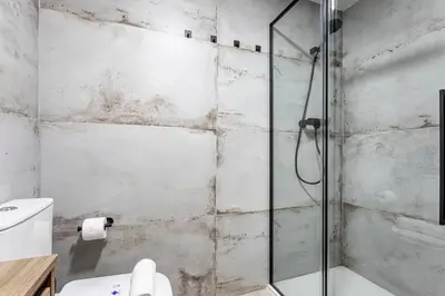 a bathroom with a shower with a glass door at Marie Curie Flats, Lovely Loft in Valencia