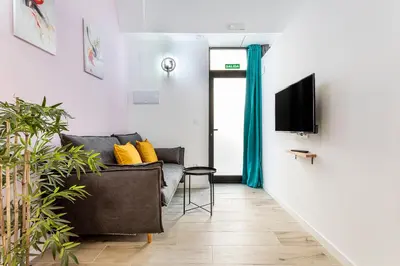 a living room with a couch and a tv at Marie Curie Flats, Lovely Loft in Valencia