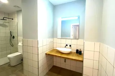 a bathroom with a sink and a toilet and a mirror at Apartamento Cienciasmar in Valencia