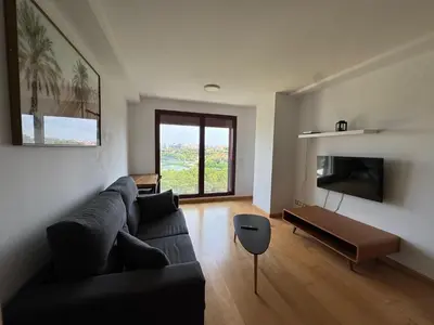 a living room with a couch and a flat screen tv at New Loft park central, biopark in Valencia