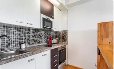 a kitchen with white cabinets and a sink and a stove at New Loft park central, biopark in Valencia