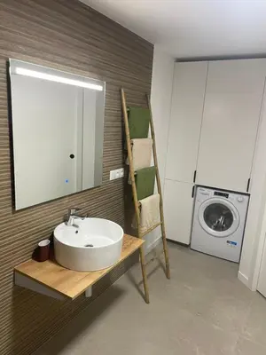 a bathroom with a sink and a washing machine at Galdós Flats by Vivo GC in Valencia