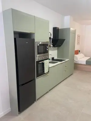 a kitchen with green cabinets and a black refrigerator at Galdós Flats by Vivo GC in Valencia