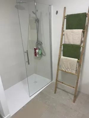 a shower with a glass door and a towel rack at Galdós Flats by Vivo GC in Valencia