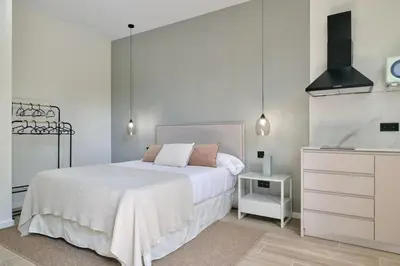 a white bedroom with a bed and a sink at Romantic Apartment N2 Oceanografico Virkin Suites in Valencia