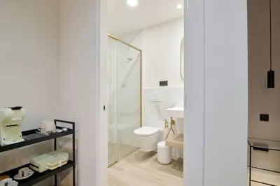 a white bathroom with a toilet and a shower at Romantic Apartment N.4 Oceanografico Virkin Suites in Valencia
