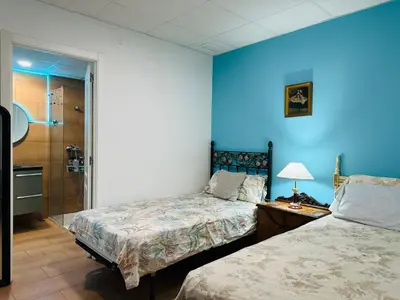a blue room with two beds and a shower at Mirador 5 del Mercado Central - habitacion con baño privado en el centro de la Ciudad Vella in Valencia