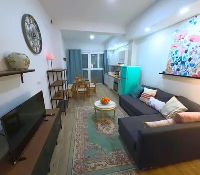a living room with a couch and a flat screen tv at Amplio y colorido piso in Valencia