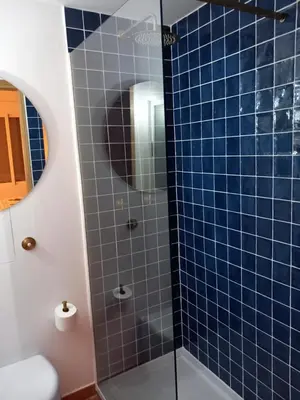 a bathroom with a shower with blue tiles at The Villarosa in Turís