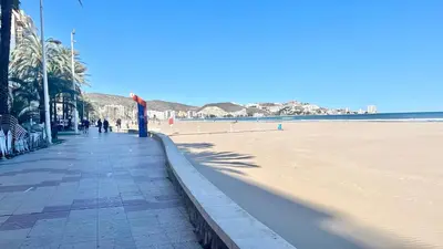 a sandy beach with palm trees and the ocean at 100 metros playa con vistas al mar Piso nuevo 2024 in Cullera