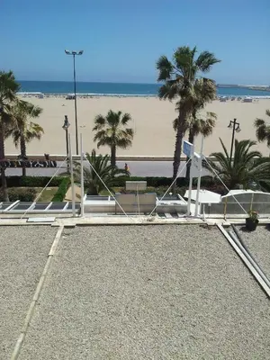 a view of a beach with palm trees and a bench at Sol Playa in Valencia