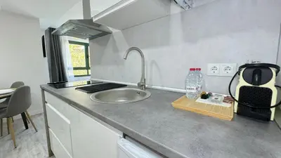 a kitchen counter with a sink and a bottle of water at Versus Apartments near City of Arts III in Valencia