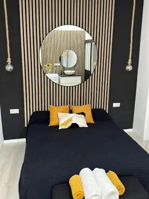 a bedroom with a black bed with a mirror at Anthracita in Valencia