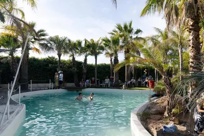two people in a swimming pool with palm trees at Palm Garden Valencia in Bétera