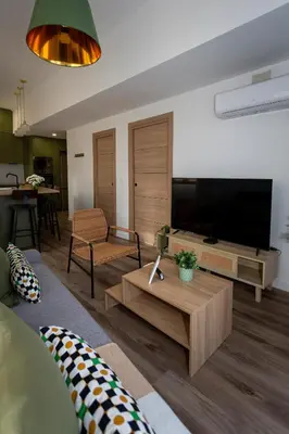 a living room with a couch and a tv at Tenerias Apart Corp , 4 Piso in Valencia