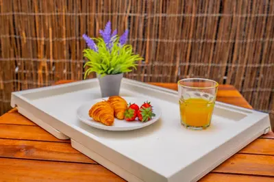 a tray with a plate of food and a glass of orange juice at VisitVal Flats 2 in Valencia