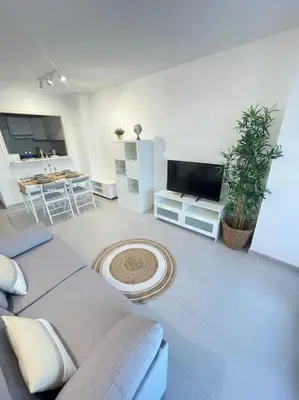 a living room with a couch and a tv at Espacio2,1a línea,jacuzzi,piscina in Cullera