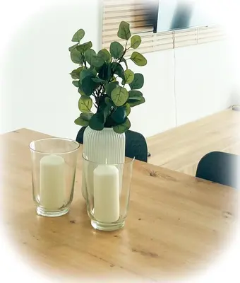 a vase with a plant and two candles on a table at Apartamento Ciencias & Maritim in Valencia