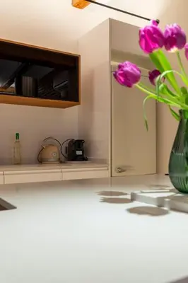 a vase filled with purple flowers sitting on a counter at Your home at Valencia Cabañal 2 in Valencia