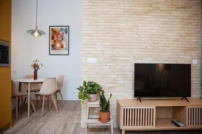 a living room with a television and a brick wall at Lofts Orense E Moderno y cercano a la playa in Valencia