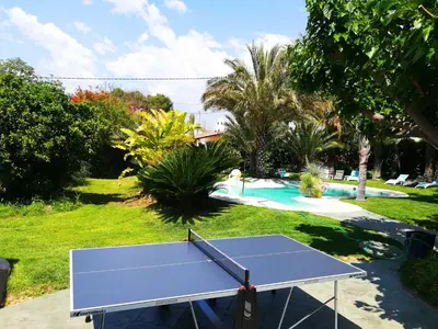a blue ping pong table in a yard with a pool at All Nature Villa-25min from Valencia in Valencia