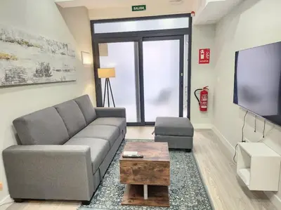 a living room with a couch and a flat screen tv at Valencia experience! Plus,science city & Ruzafa in Valencia