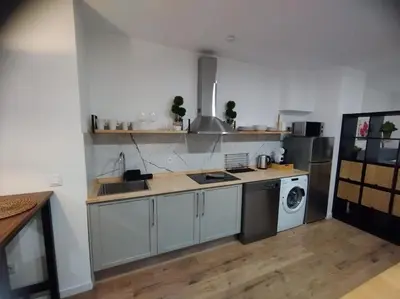 a kitchen with a sink and a washing machine at Las Artes y las Ciencias I in Valencia
