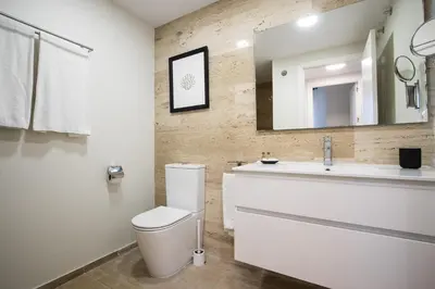 a bathroom with a white toilet and a sink at MD Jorda Roig Arena in Valencia