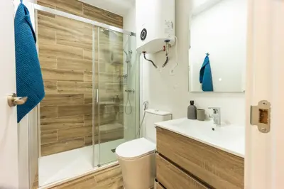 a bathroom with a shower and a toilet and a sink at Mini apartamento en casa rural in Quesa