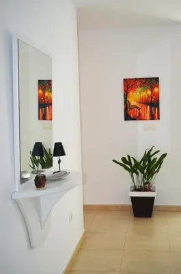 a white room with a mirror and a plant at Apartamento a 60 metros de la Playa in Playa de Mar