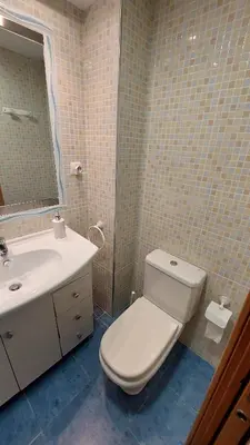 a bathroom with a toilet and a sink and a mirror at Playa, relax y parking público cerca - Ideal parejas in Cullera
