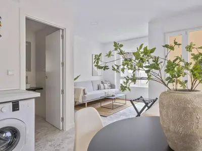 a white living room with a plant in a vase at Loft Temporal a 2 min de Playa de Sagunto A1 in Puerto de Sagunto