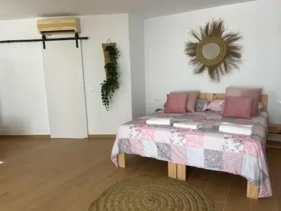 a bedroom with a bed and a mirror on the wall at ALZIRA BONITA APARTAMENTO CON TERRAZA Y JACUZZi EXTERIOR in Alzira