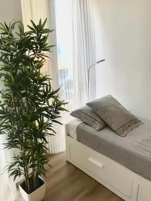 a bedroom with a bed and a plant next to a window at Espectacular apartamento en Cullera con vistas al mar in Faro de Cullera