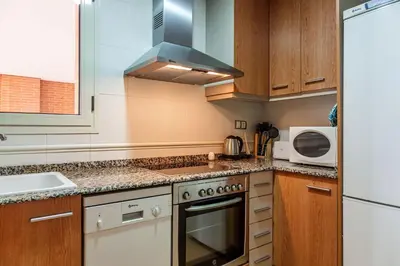a kitchen with a stove top oven next to a microwave at Valencia Flat Rental Swim and Paddle in Valencia