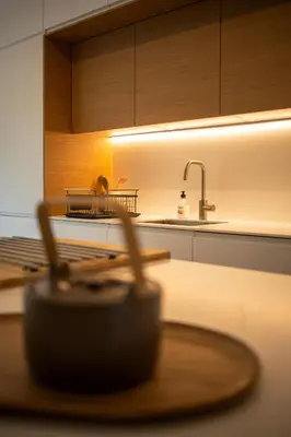 a kitchen with a sink and a counter top at Design Apartment with swimming pool Ciudad de Ciencias in Valencia