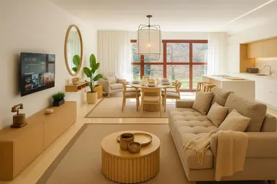 a living room with a couch and a table at Design Apartment with swimming pool Ciudad de Ciencias in Valencia