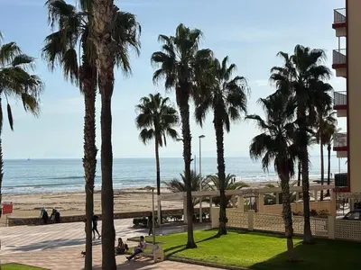 a view of a beach with palm trees and the ocean at Sun & Sea Cullera in Cullera
