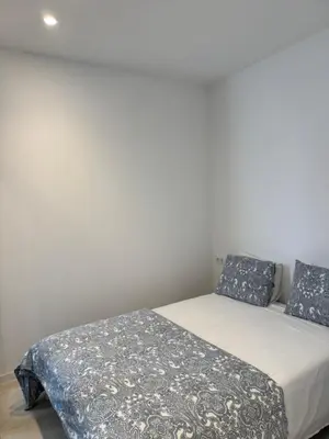 a bed with blue pillows and a white wall at MAGNO Loft- CIENCIAS in Valencia