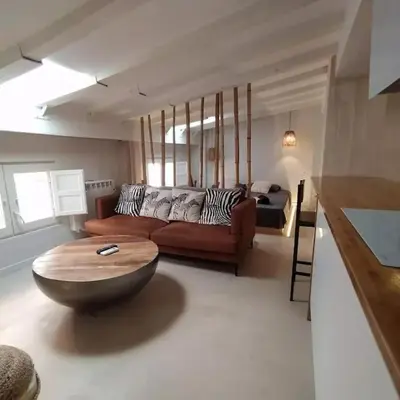a living room with a couch and a coffee table at Estudio Cama King in Valencia