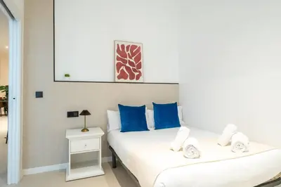 a bedroom with two beds with blue pillows at Flats nou Mestalla in Valencia