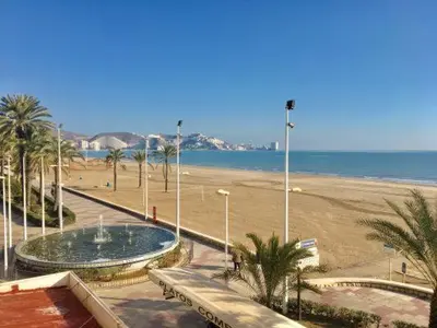 a view of a beach with a fountain and palm trees at Apartamento ÉLITE en Cullera playa San Antonio in Cullera