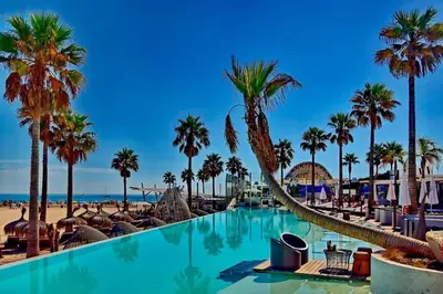 a swimming pool at a resort with palm trees and a beach at Apartment Casa Novi - Close to Beach, City Center & Metro in Valencia