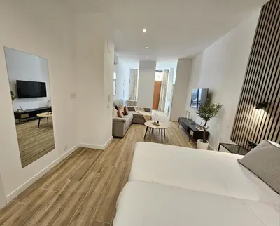 a living room with a bed and a living room with a couch at HOB Las Ciencias II in Valencia