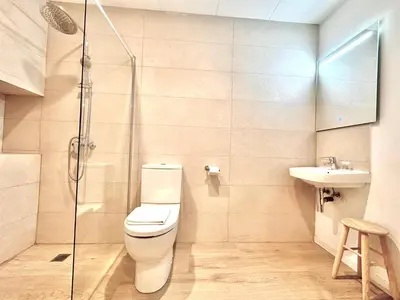 a bathroom with a toilet and a sink and a shower at Apartamento Hierros VLC in Valencia