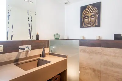 a bathroom with a sink with a mask on the wall at Loft Valencia centro - Vive el corazón de la ciudad in Valencia