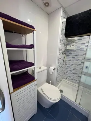 a bathroom with a toilet and a shower with purple towels at El Prado - Primera Línea Playa Cullera in Valencia