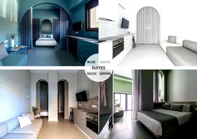 a collage of three pictures of a room at Valencia Malvarrosa point beige in Valencia