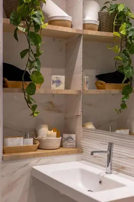 a bathroom with a sink and a shelf with baskets at Che Loft! Artes y Ciencias in Valencia